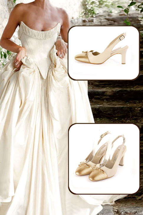 Dress slingback bow heels in gold and champagne white leather with kitten heels and round toe - Top view